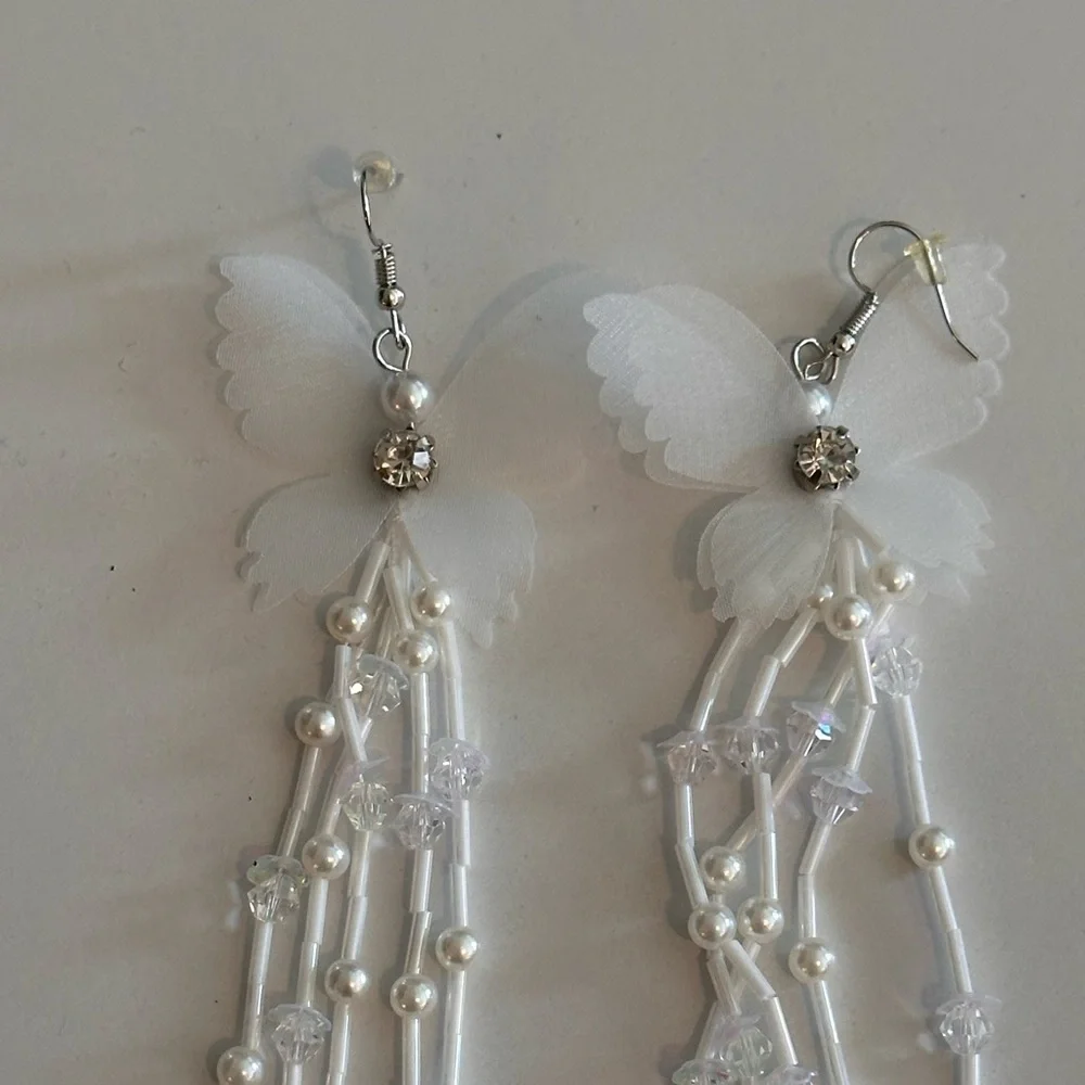 Butterfly Statement Earrings with Long Strands of Pearls